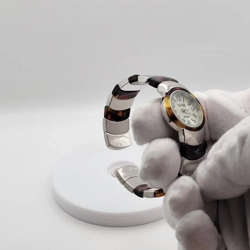 Xanadu Womens Silver Tone Tortoise Shell Bangle Cuff Quartz Watch White Dial